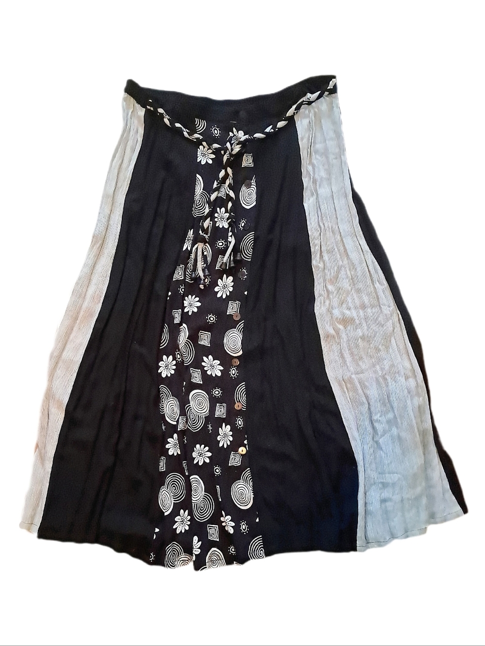 Vtg Halsey Black White Artsy Boho Maxi Button Down Whimsy Rayon Full Skirt L